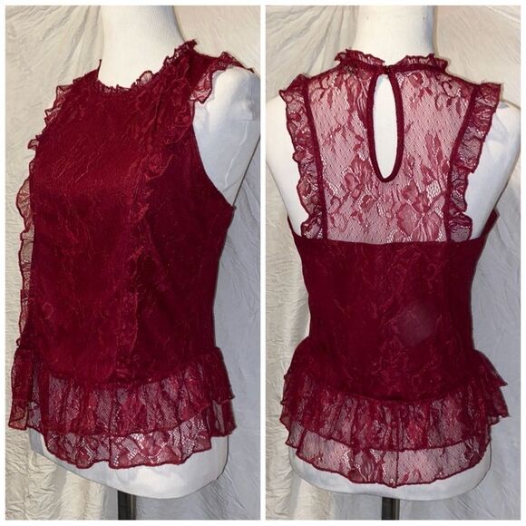 Crave Fame, Burgundy Lace, Ruffled Tank Top - Picture 4 of 12